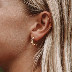 Popular 14K Gold WATERPROOF CROISSANT HOOP EARRINGS lovely gold huggie earrings